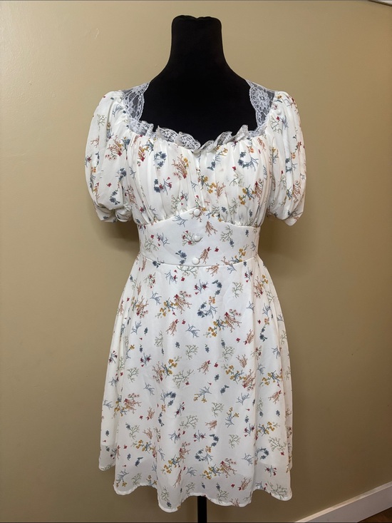 None Dresses & Skirts - Cotton White Floral Puff-Sleeve Mini Dress with Lace Trim